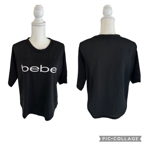 Bebe Sport Crop Top Relaxed Fit Black Shirt Spellout Logo Mesh Panel Size Medium - Picture 2 of 15